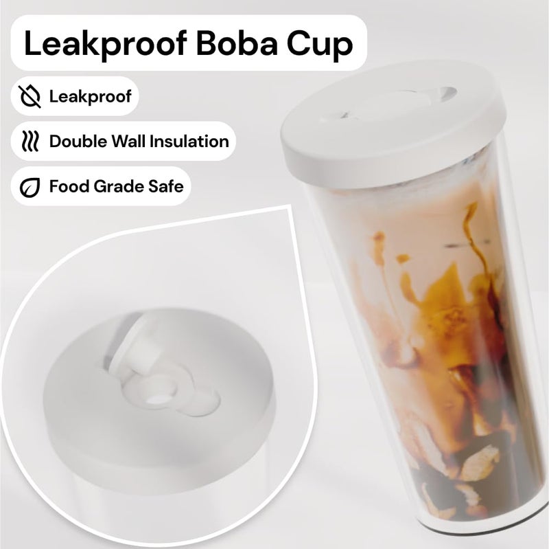 Dodoko Reusable Boba Cup with Resealable Lid Plug - 17 Oz Double Wall Insulated | Smoothie Tumbler | Wide Stainless Steel Straw For Bubble Tea, Boba Pearls - White - Image 2